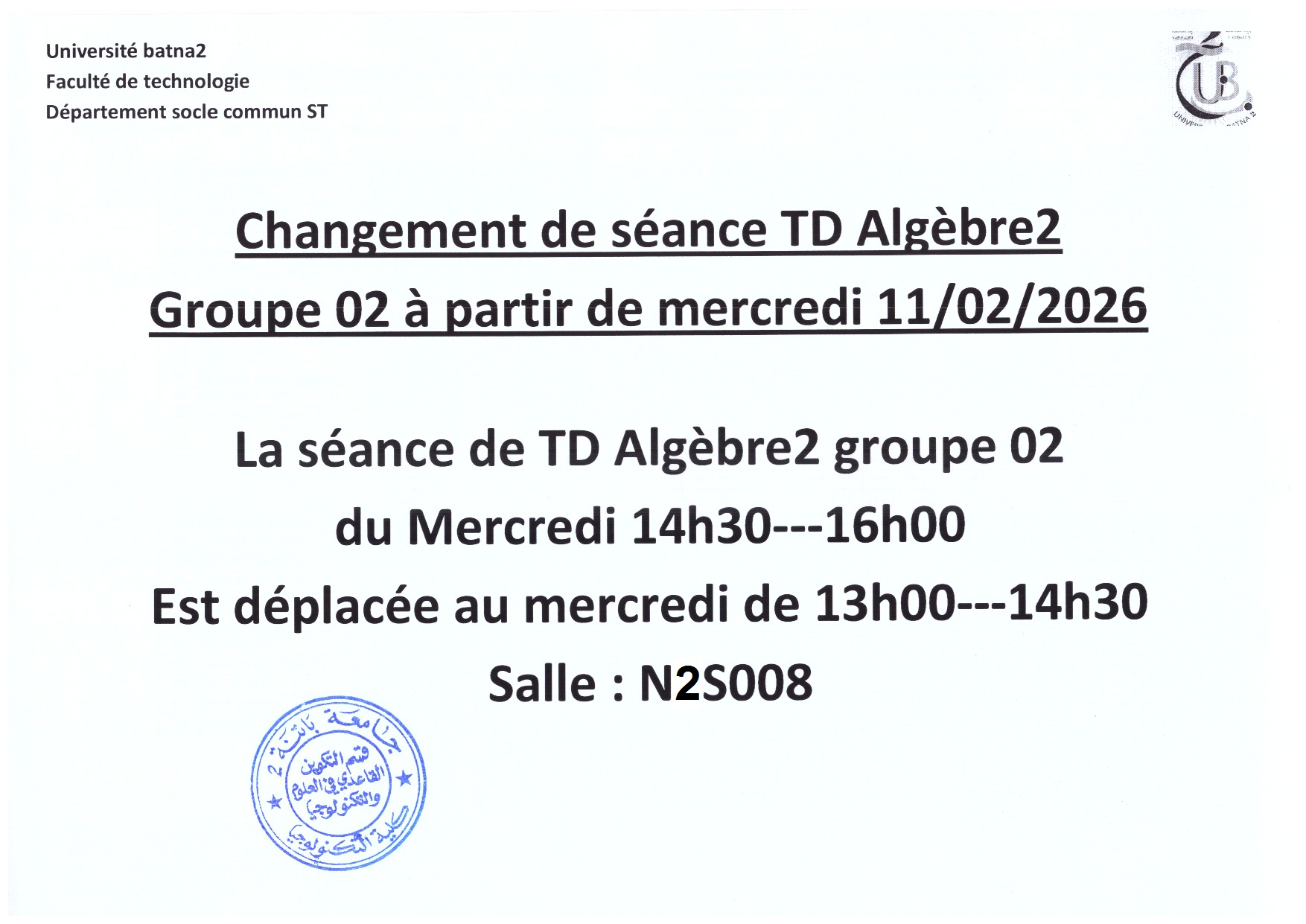 changemant de séance TD algebre2 Gr2